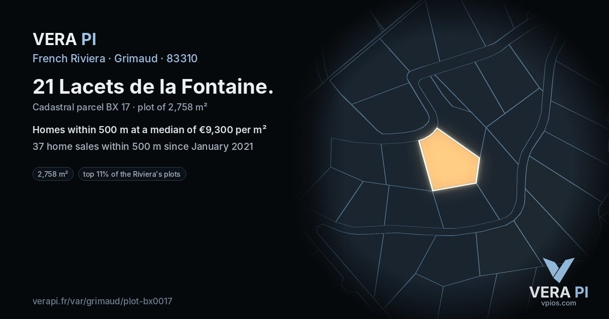 21 Lacets de la Fontaine, Grimaud at night – the plot lit, the parcels around coloured by the prices near them
