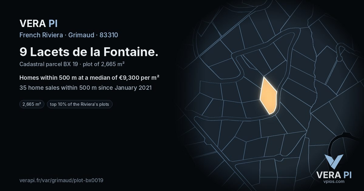 9 Lacets de la Fontaine, Grimaud at night – the plot lit, the parcels around coloured by the prices near them