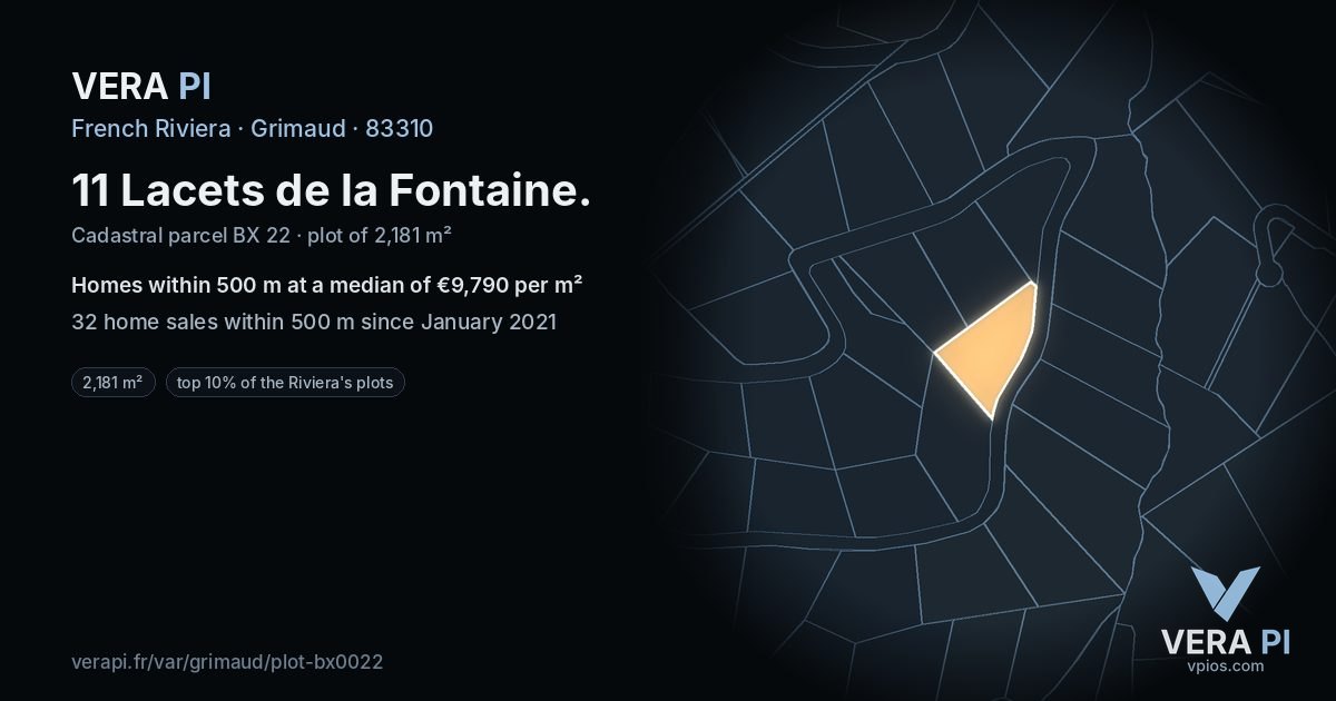 11 Lacets de la Fontaine, Grimaud at night – the plot lit, the parcels around coloured by the prices near them