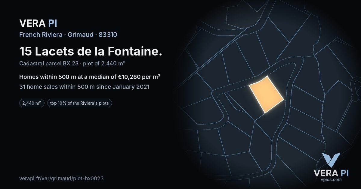 15 Lacets de la Fontaine, Grimaud at night – the plot lit, the parcels around coloured by the prices near them