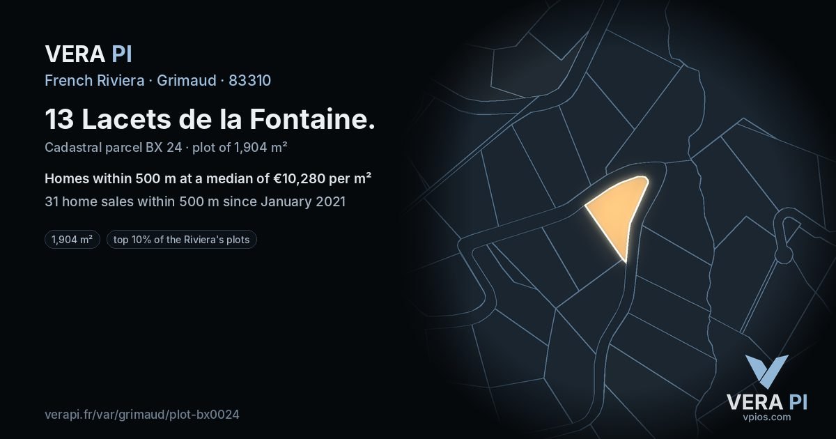 13 Lacets de la Fontaine, Grimaud at night – the plot lit, the parcels around coloured by the prices near them