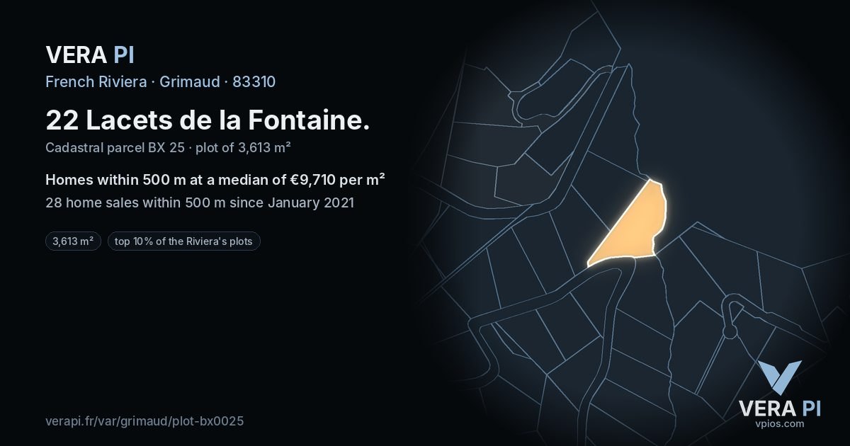 22 Lacets de la Fontaine, Grimaud at night – the plot lit, the parcels around coloured by the prices near them