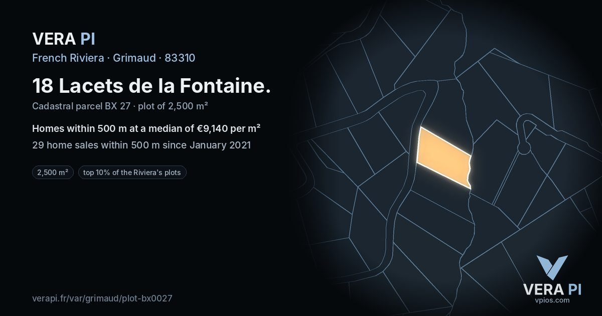 18 Lacets de la Fontaine, Grimaud at night – the plot lit, the parcels around coloured by the prices near them