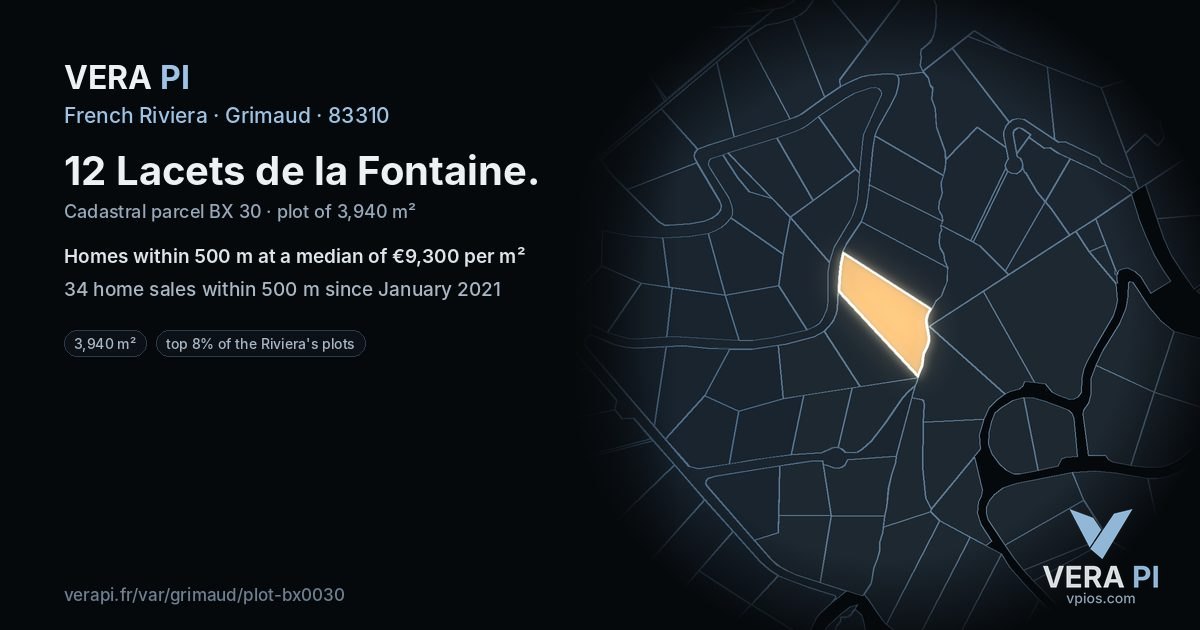 12 Lacets de la Fontaine, Grimaud at night – the plot lit, the parcels around coloured by the prices near them