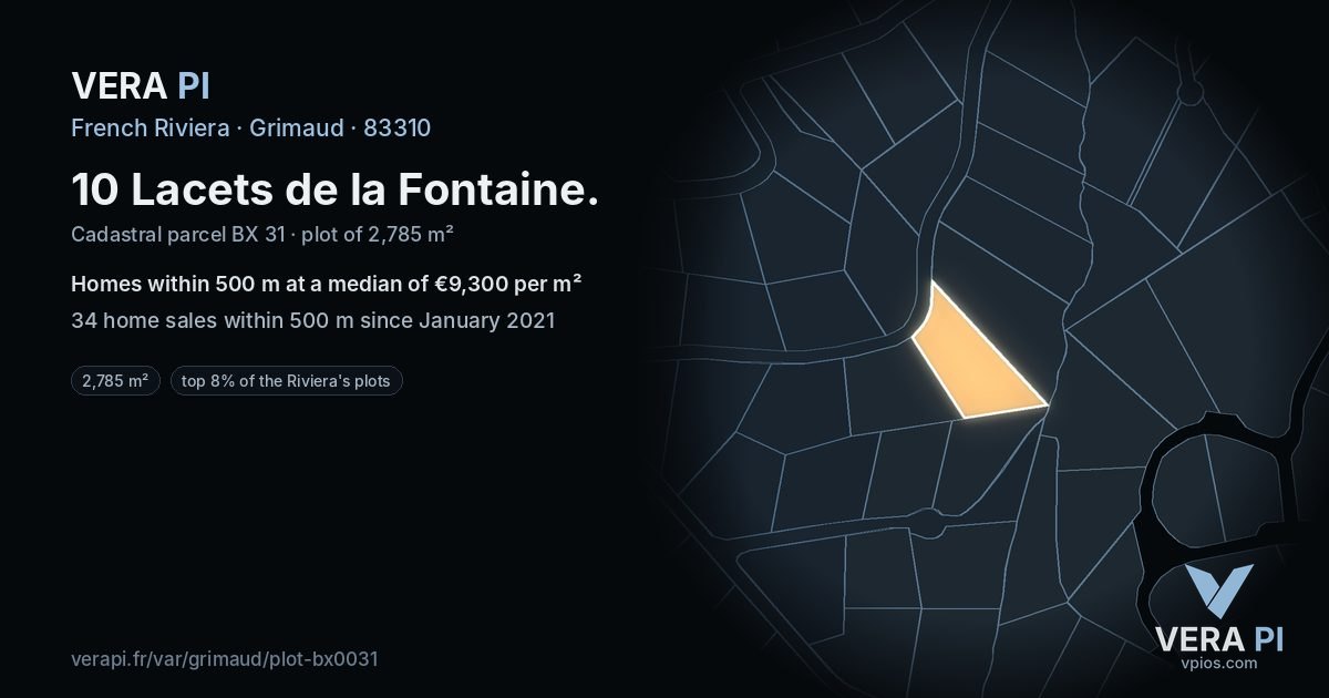10 Lacets de la Fontaine, Grimaud at night – the plot lit, the parcels around coloured by the prices near them