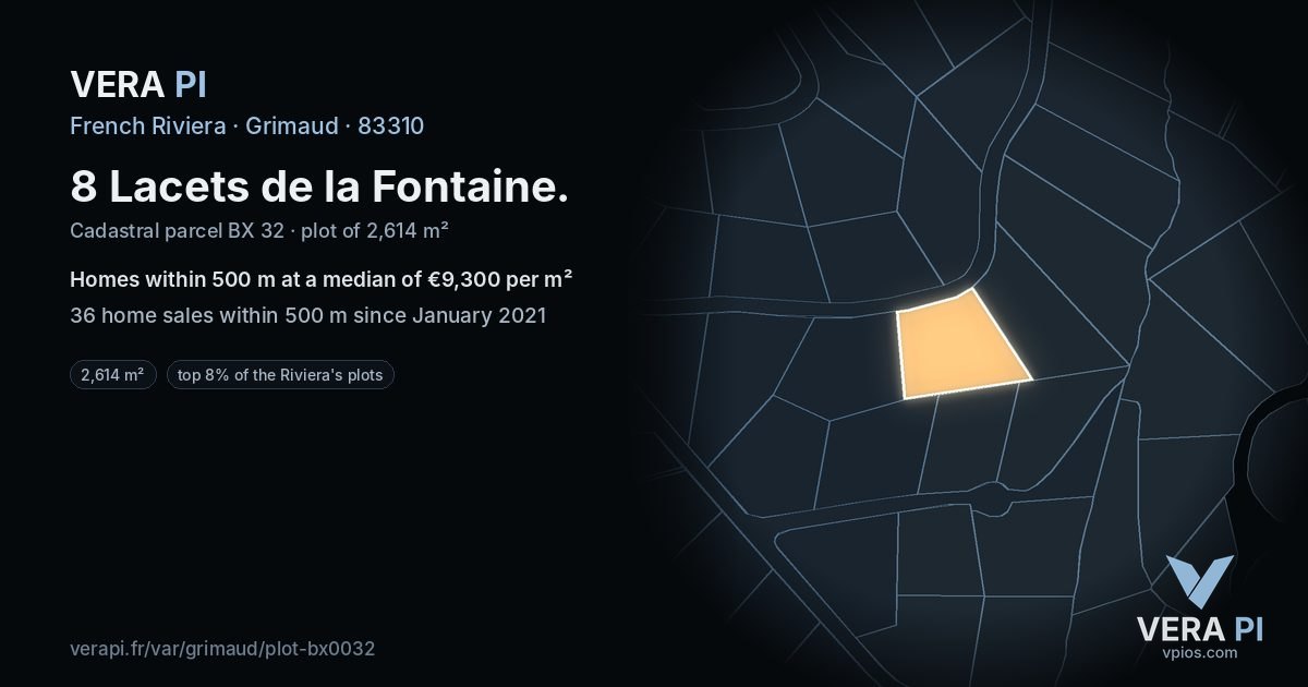 8 Lacets de la Fontaine, Grimaud at night – the plot lit, the parcels around coloured by the prices near them