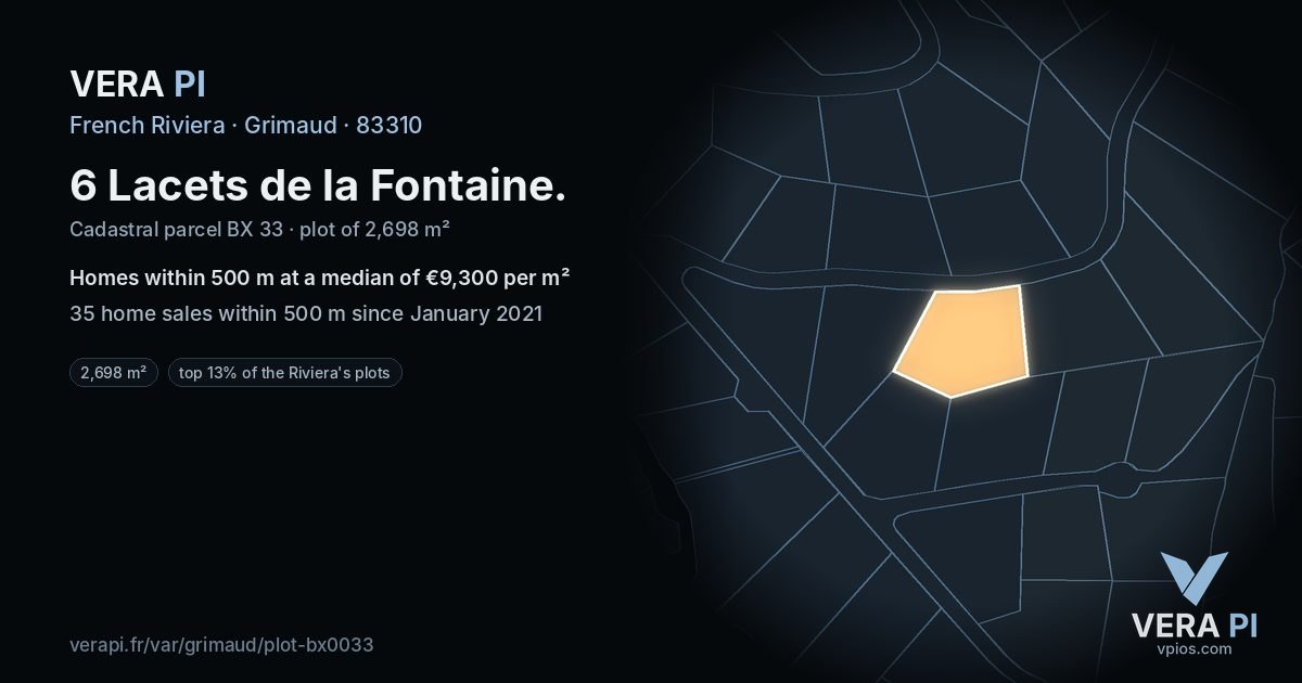 6 Lacets de la Fontaine, Grimaud at night – the plot lit, the parcels around coloured by the prices near them