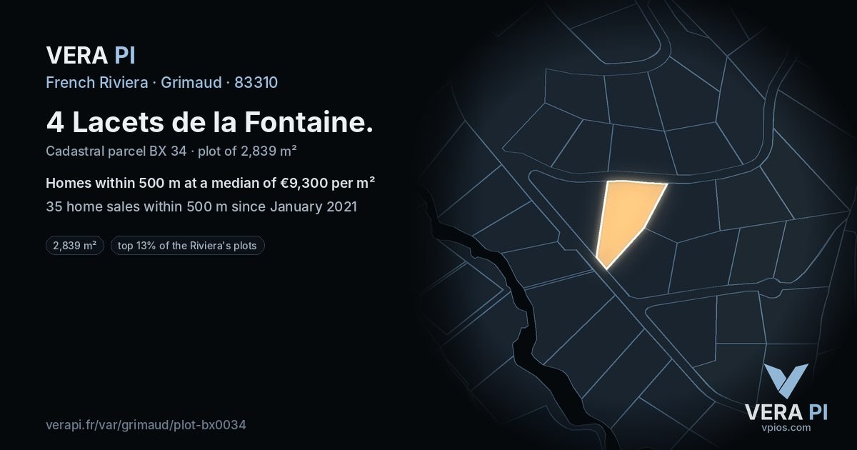 4 Lacets de la Fontaine, Grimaud at night – the plot lit, the parcels around coloured by the prices near them