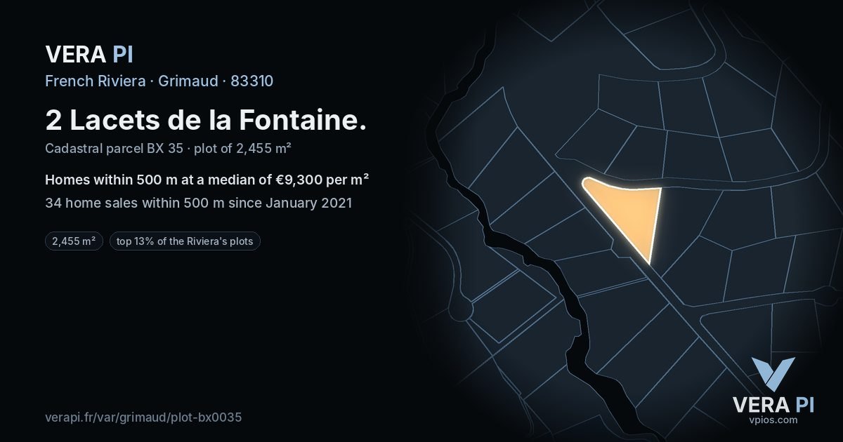 2 Lacets de la Fontaine, Grimaud at night – the plot lit, the parcels around coloured by the prices near them