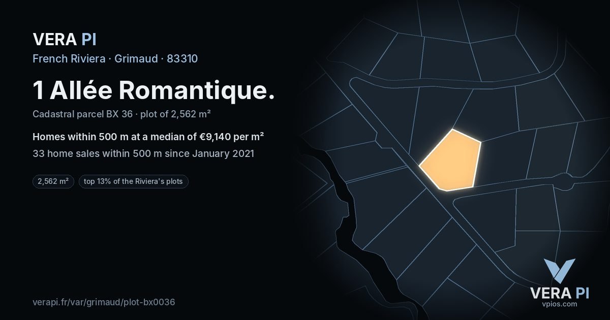 1 Allée Romantique, Grimaud at night – the plot lit, the parcels around coloured by the prices near them