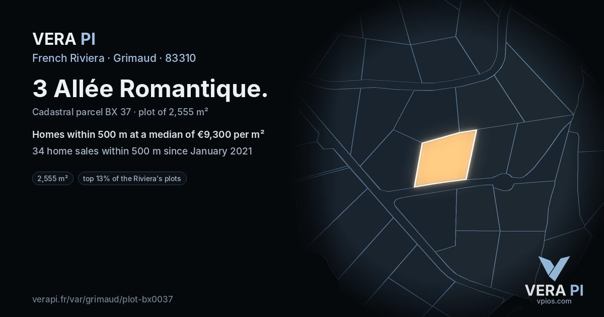 3 Allée Romantique, Grimaud at night – the plot lit, the parcels around coloured by the prices near them