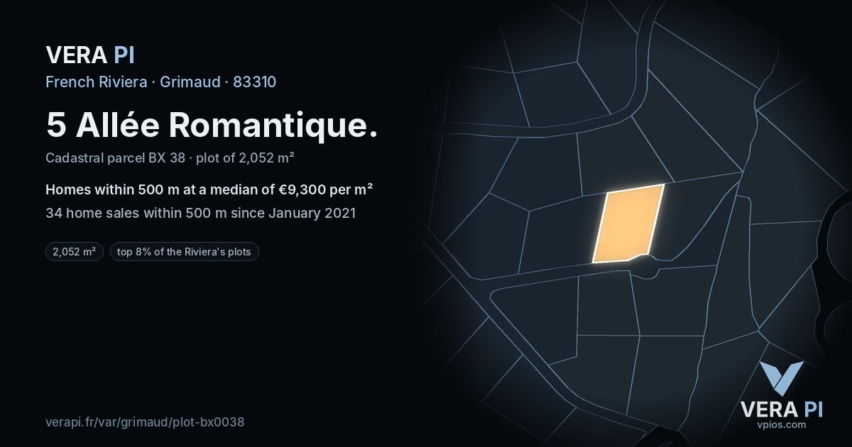 5 Allée Romantique, Grimaud at night – the plot lit, the parcels around coloured by the prices near them