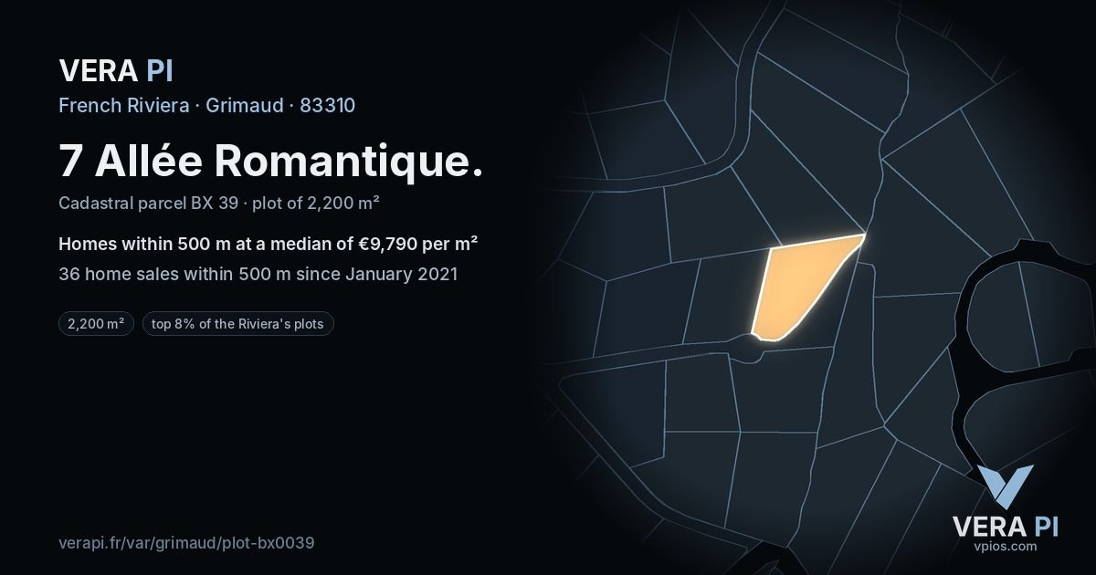 7 Allée Romantique, Grimaud at night – the plot lit, the parcels around coloured by the prices near them