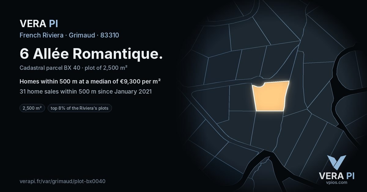 6 Allée Romantique, Grimaud at night – the plot lit, the parcels around coloured by the prices near them