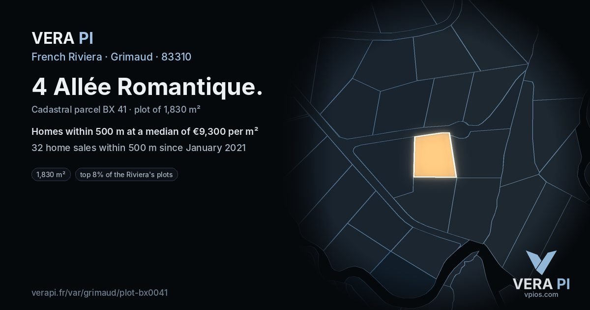 4 Allée Romantique, Grimaud at night – the plot lit, the parcels around coloured by the prices near them