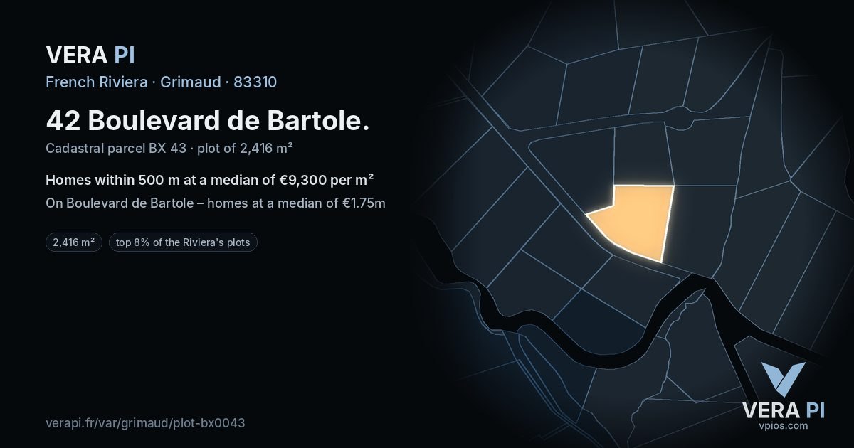 42 Boulevard de Bartole, Grimaud at night – the plot lit, the parcels around coloured by the prices near them