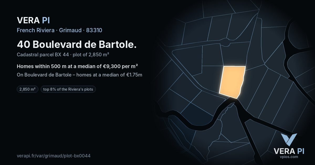 40 Boulevard de Bartole, Grimaud at night – the plot lit, the parcels around coloured by the prices near them