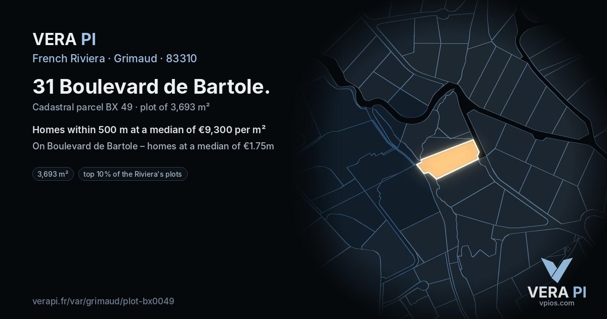 31 Boulevard de Bartole, Grimaud at night – the plot lit, the parcels around coloured by the prices near them