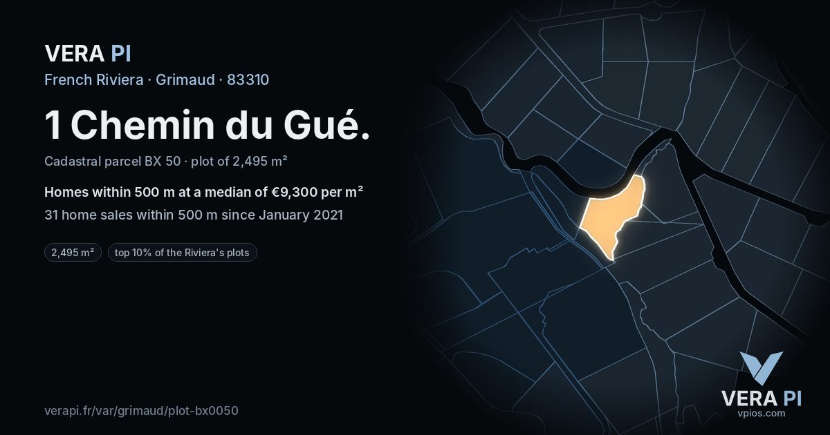 1 Chemin du Gué, Grimaud at night – the plot lit, the parcels around coloured by the prices near them