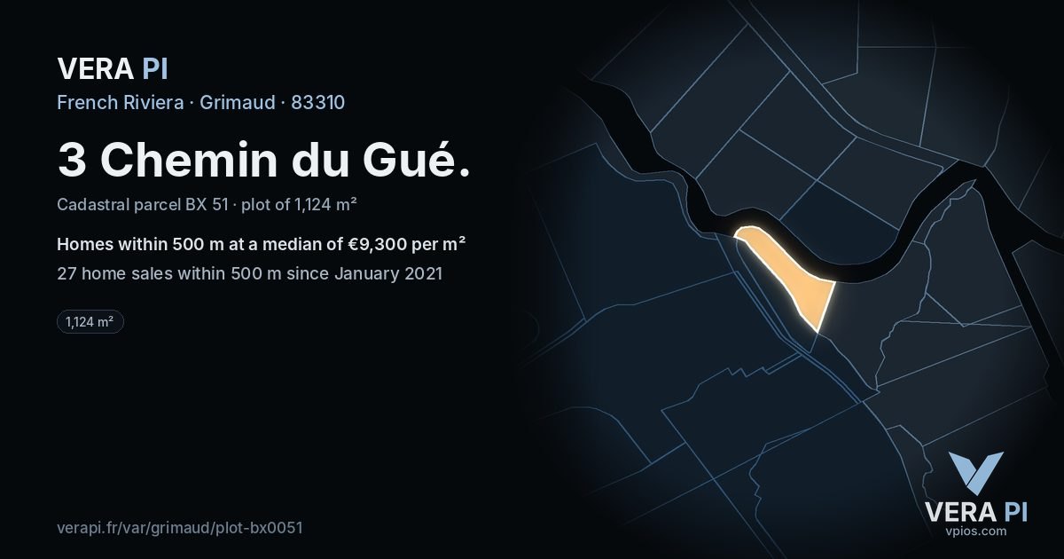 3 Chemin du Gué, Grimaud at night – the plot lit, the parcels around coloured by the prices near them