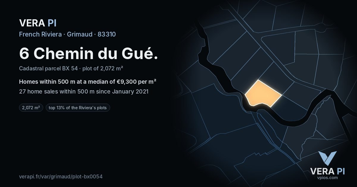 6 Chemin du Gué, Grimaud at night – the plot lit, the parcels around coloured by the prices near them