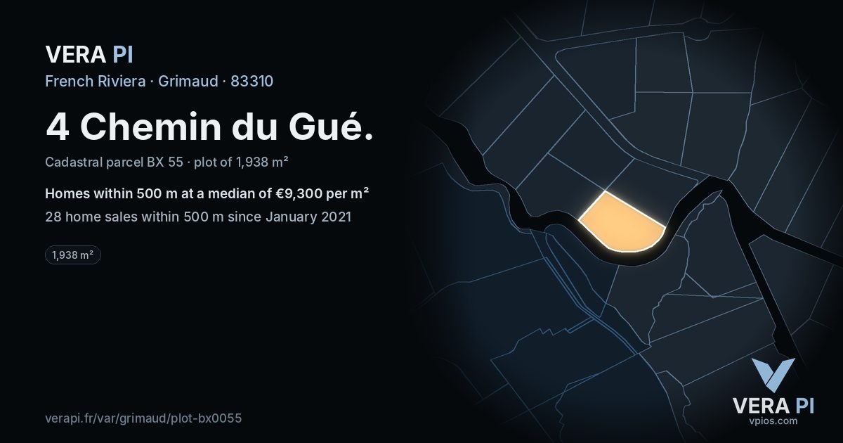 4 Chemin du Gué, Grimaud at night – the plot lit, the parcels around coloured by the prices near them