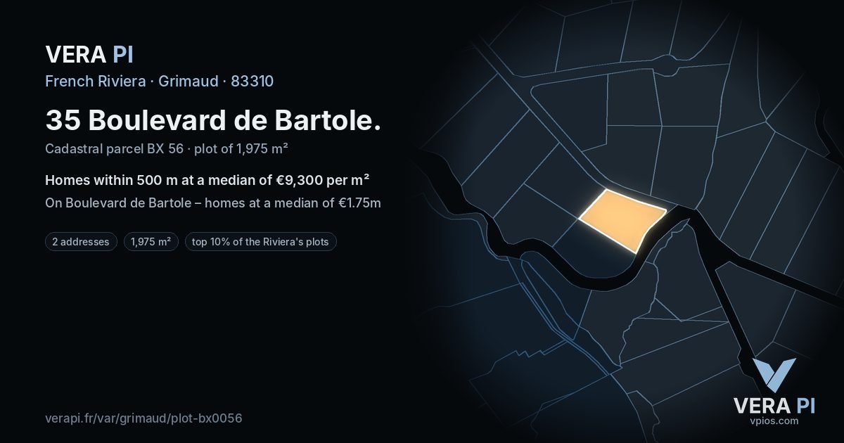 35 Boulevard de Bartole, Grimaud at night – the plot lit, the parcels around coloured by the prices near them