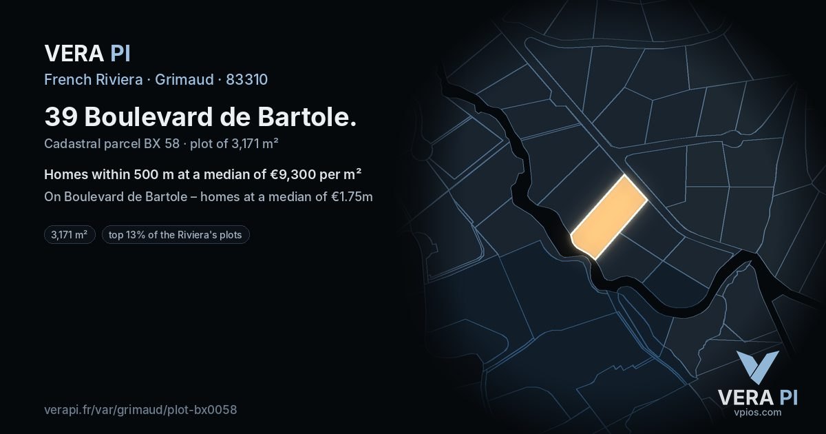 39 Boulevard de Bartole, Grimaud at night – the plot lit, the parcels around coloured by the prices near them