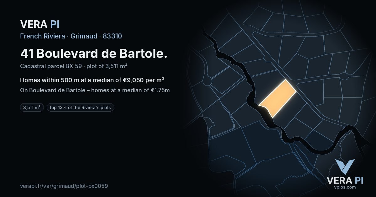41 Boulevard de Bartole, Grimaud at night – the plot lit, the parcels around coloured by the prices near them