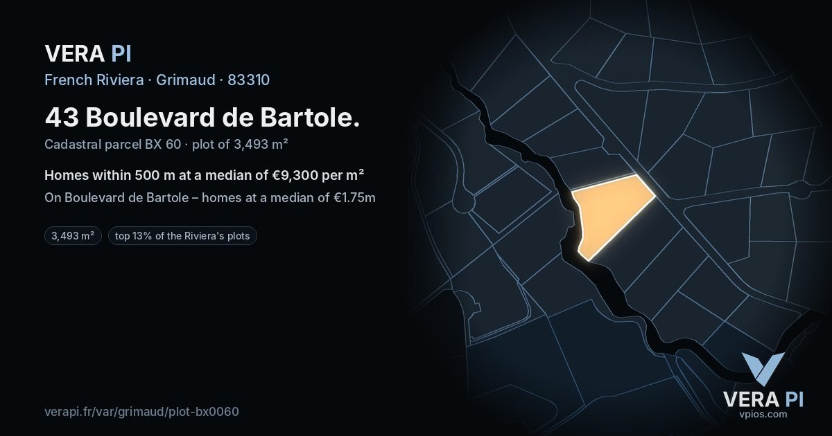 43 Boulevard de Bartole, Grimaud at night – the plot lit, the parcels around coloured by the prices near them