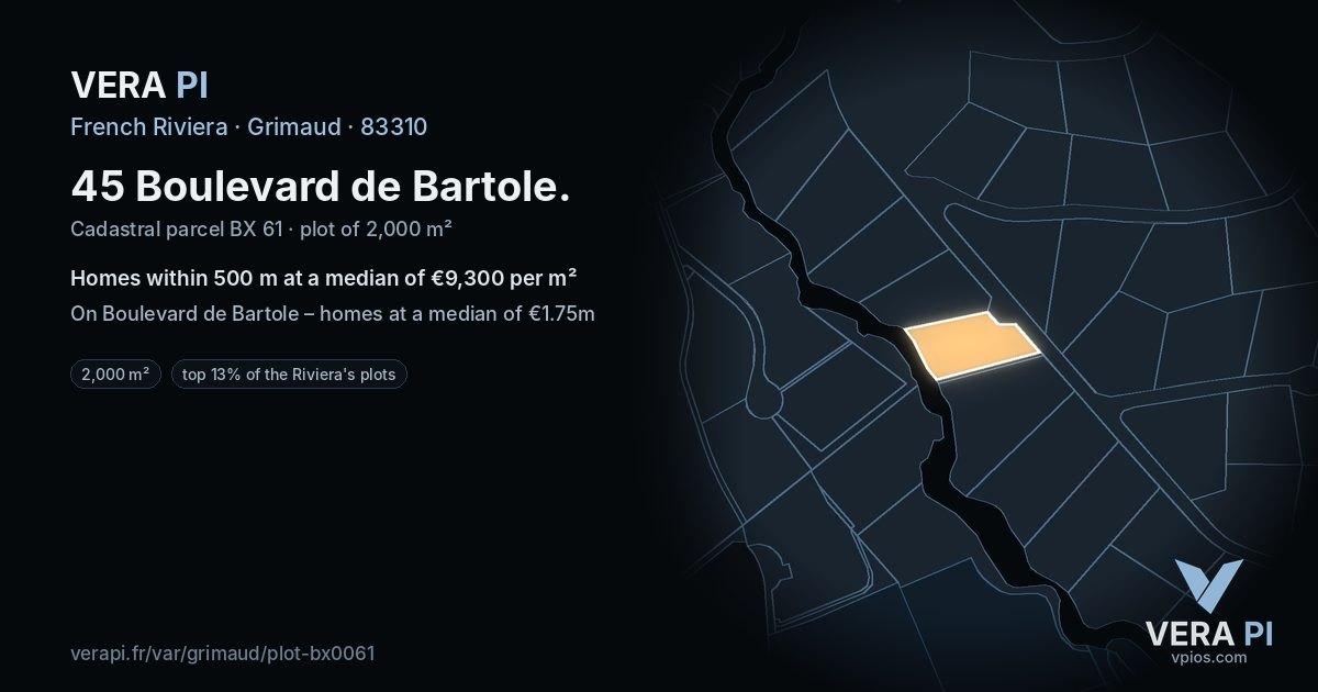 45 Boulevard de Bartole, Grimaud at night – the plot lit, the parcels around coloured by the prices near them
