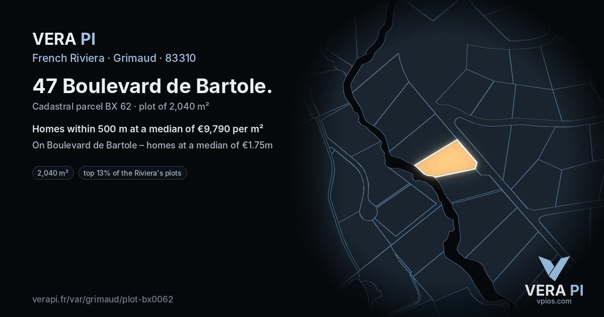 47 Boulevard de Bartole, Grimaud at night – the plot lit, the parcels around coloured by the prices near them