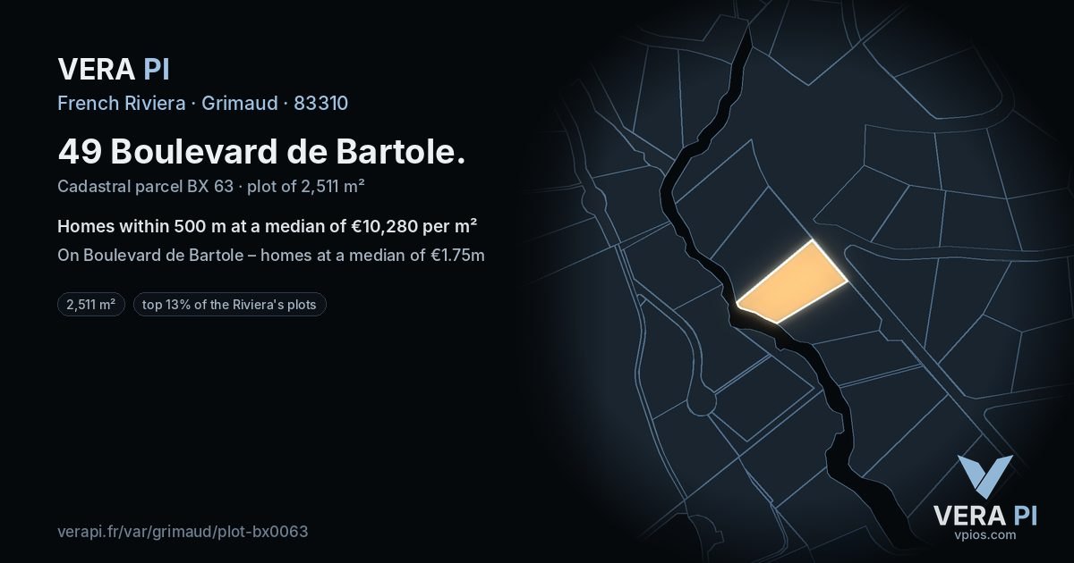 49 Boulevard de Bartole, Grimaud at night – the plot lit, the parcels around coloured by the prices near them