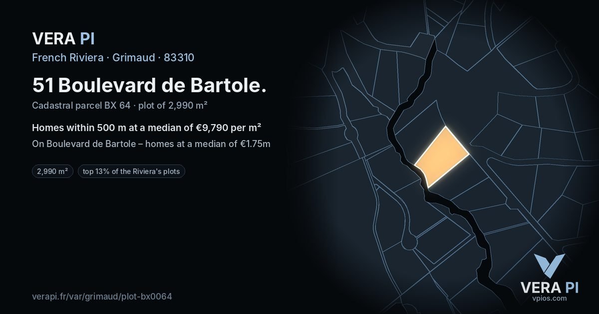 51 Boulevard de Bartole, Grimaud at night – the plot lit, the parcels around coloured by the prices near them