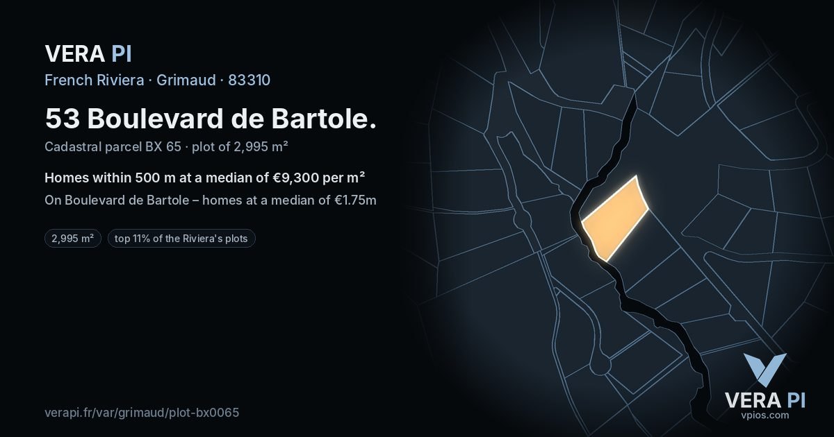 53 Boulevard de Bartole, Grimaud at night – the plot lit, the parcels around coloured by the prices near them