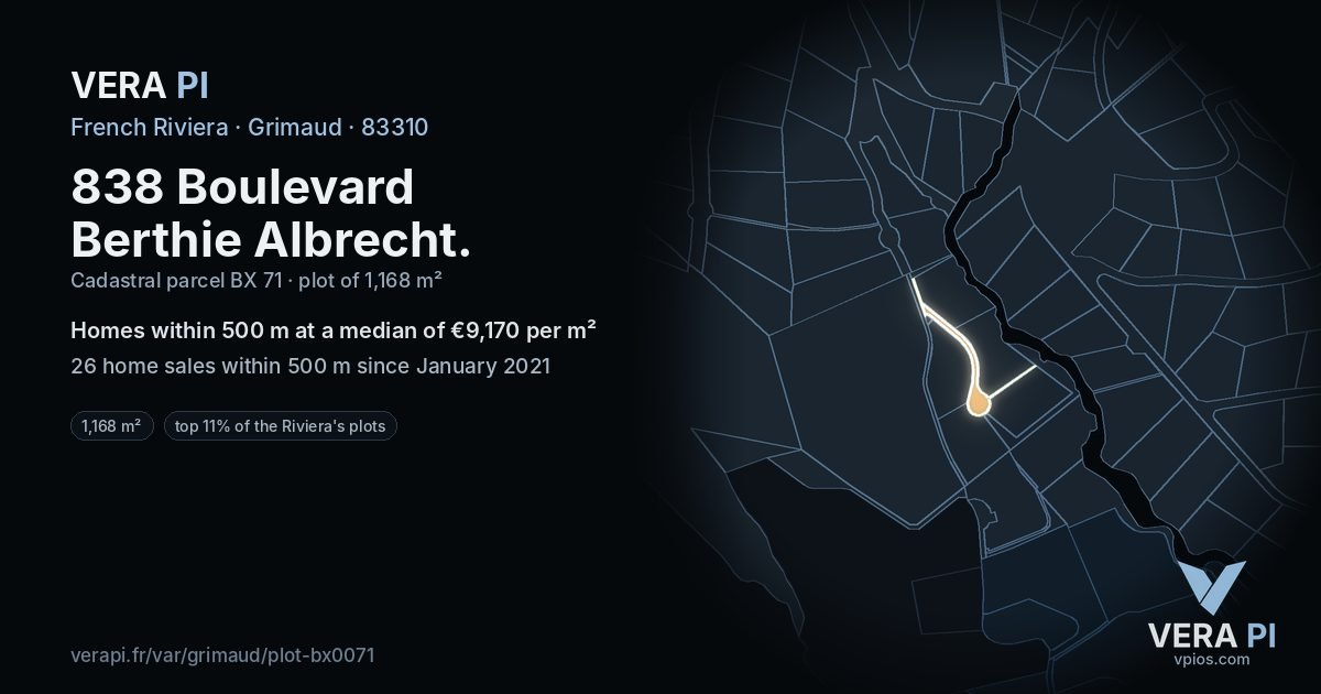 838 Boulevard Berthie Albrecht, Grimaud at night – the plot lit, the parcels around coloured by the prices near them