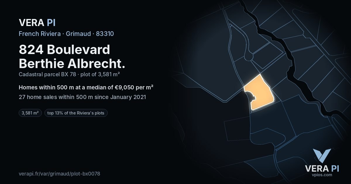 824 Boulevard Berthie Albrecht, Grimaud at night – the plot lit, the parcels around coloured by the prices near them