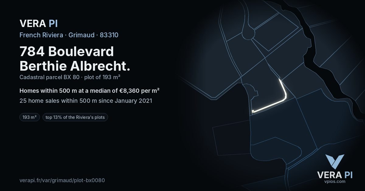 784 Boulevard Berthie Albrecht, Grimaud at night – the plot lit, the parcels around coloured by the prices near them