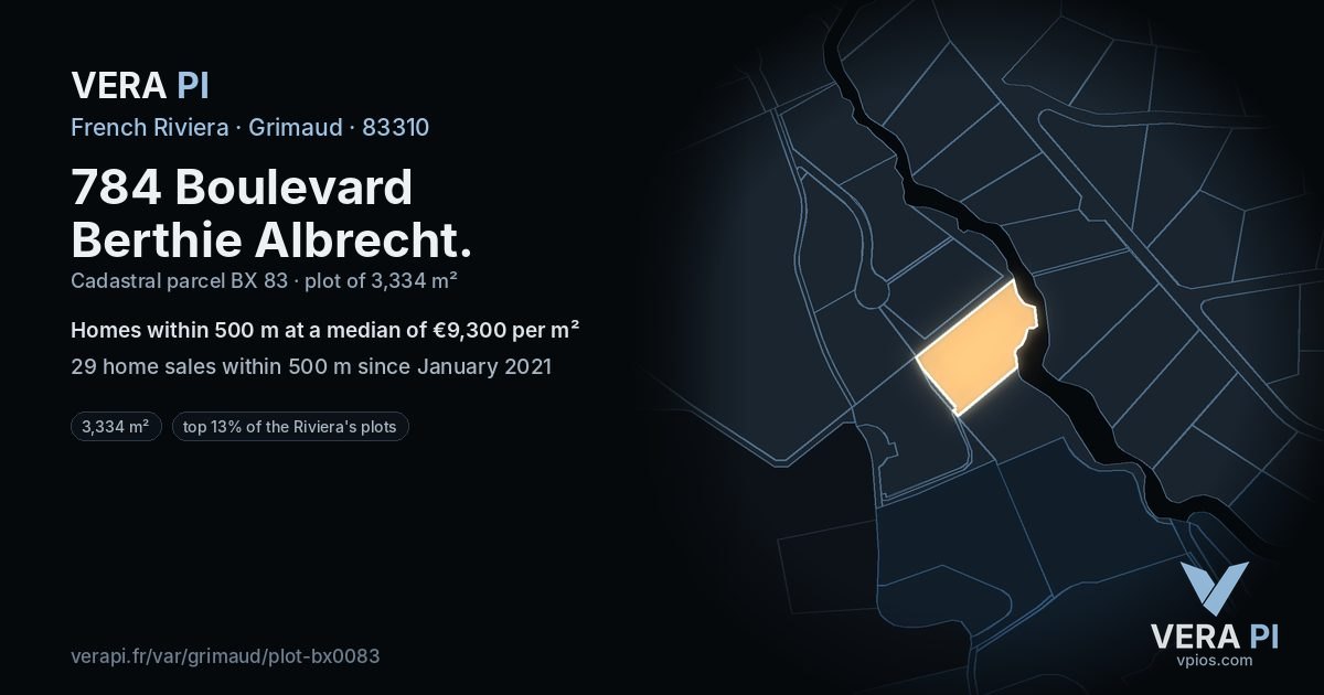 784 Boulevard Berthie Albrecht, Grimaud at night – the plot lit, the parcels around coloured by the prices near them