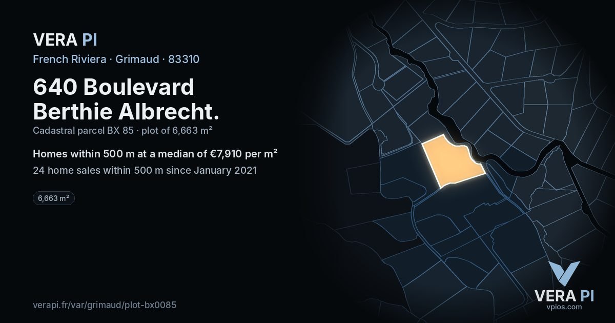 640 Boulevard Berthie Albrecht, Grimaud at night – the plot lit, the parcels around coloured by the prices near them