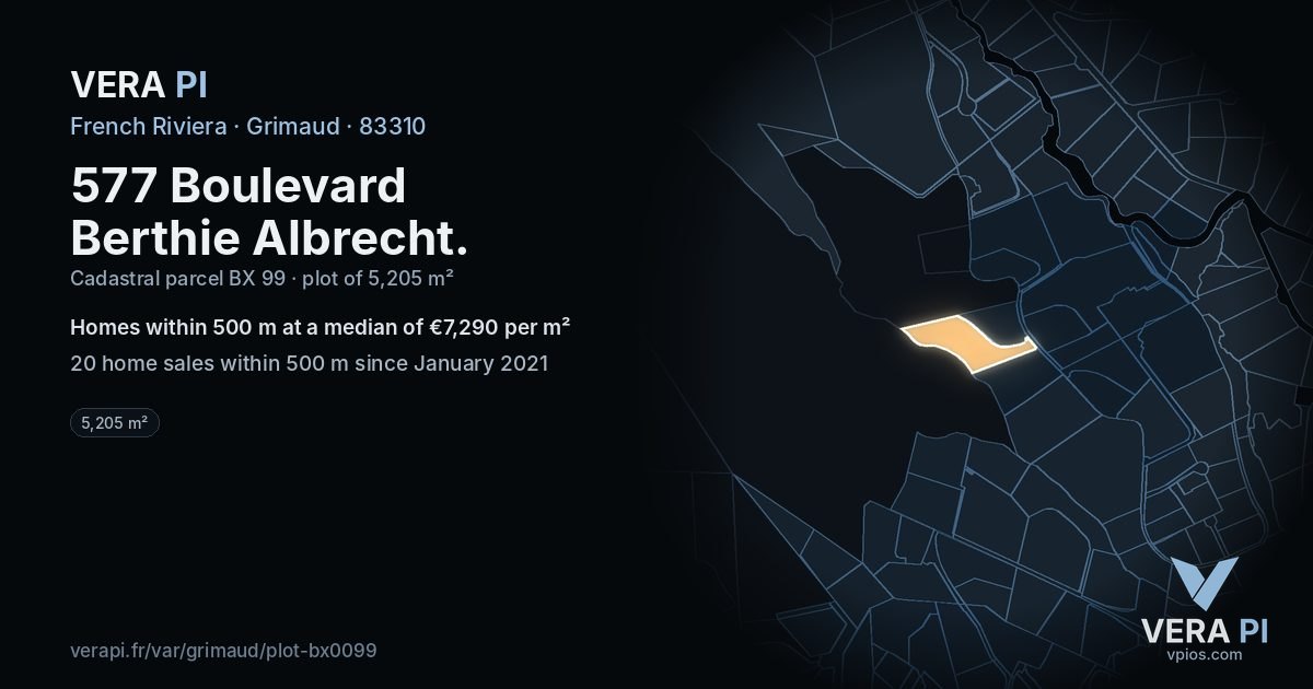 577 Boulevard Berthie Albrecht, Grimaud at night – the plot lit, the parcels around coloured by the prices near them