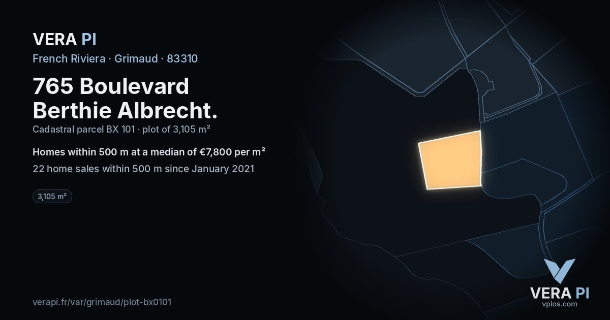 765 Boulevard Berthie Albrecht, Grimaud at night – the plot lit, the parcels around coloured by the prices near them