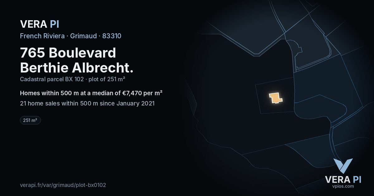 765 Boulevard Berthie Albrecht, Grimaud at night – the plot lit, the parcels around coloured by the prices near them