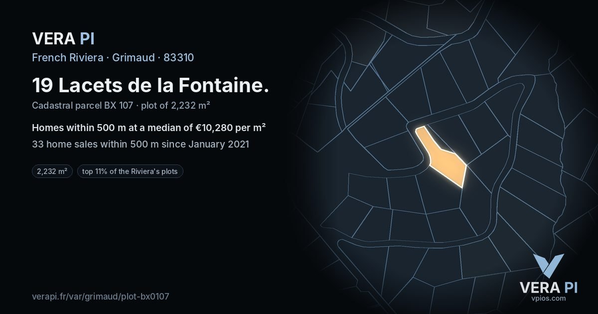 19 Lacets de la Fontaine, Grimaud at night – the plot lit, the parcels around coloured by the prices near them