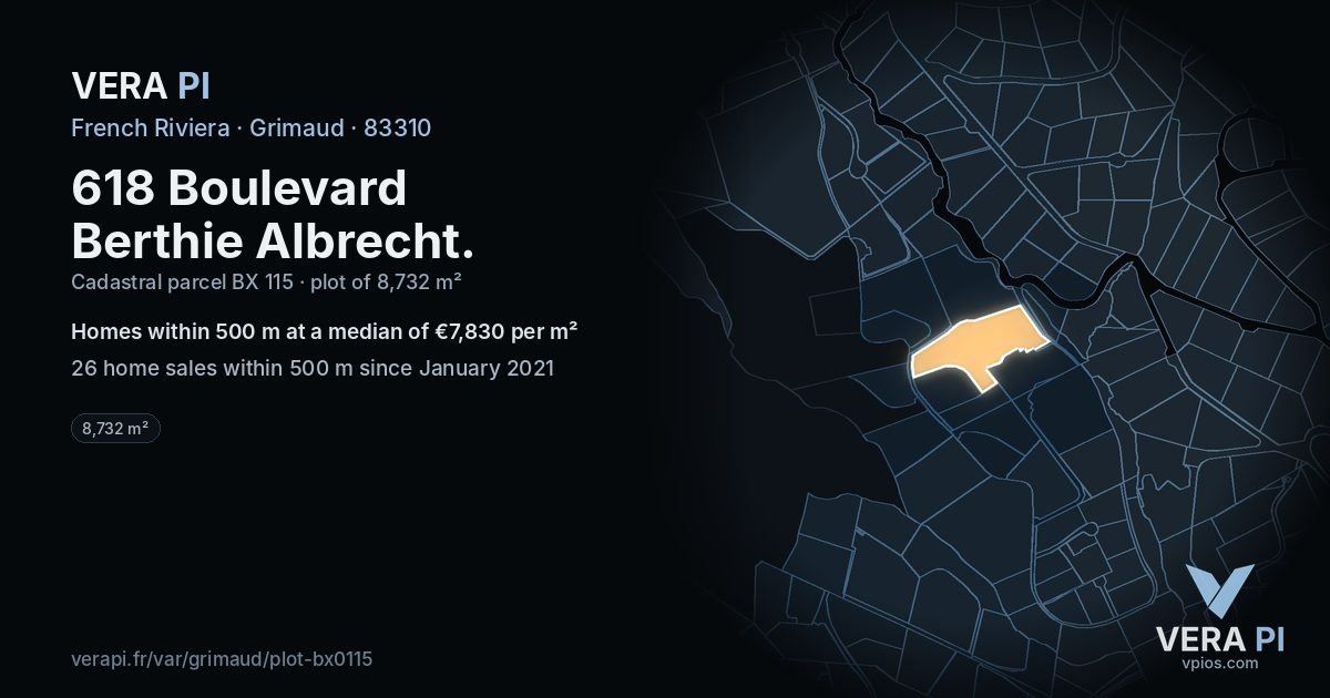618 Boulevard Berthie Albrecht, Grimaud at night – the plot lit, the parcels around coloured by the prices near them