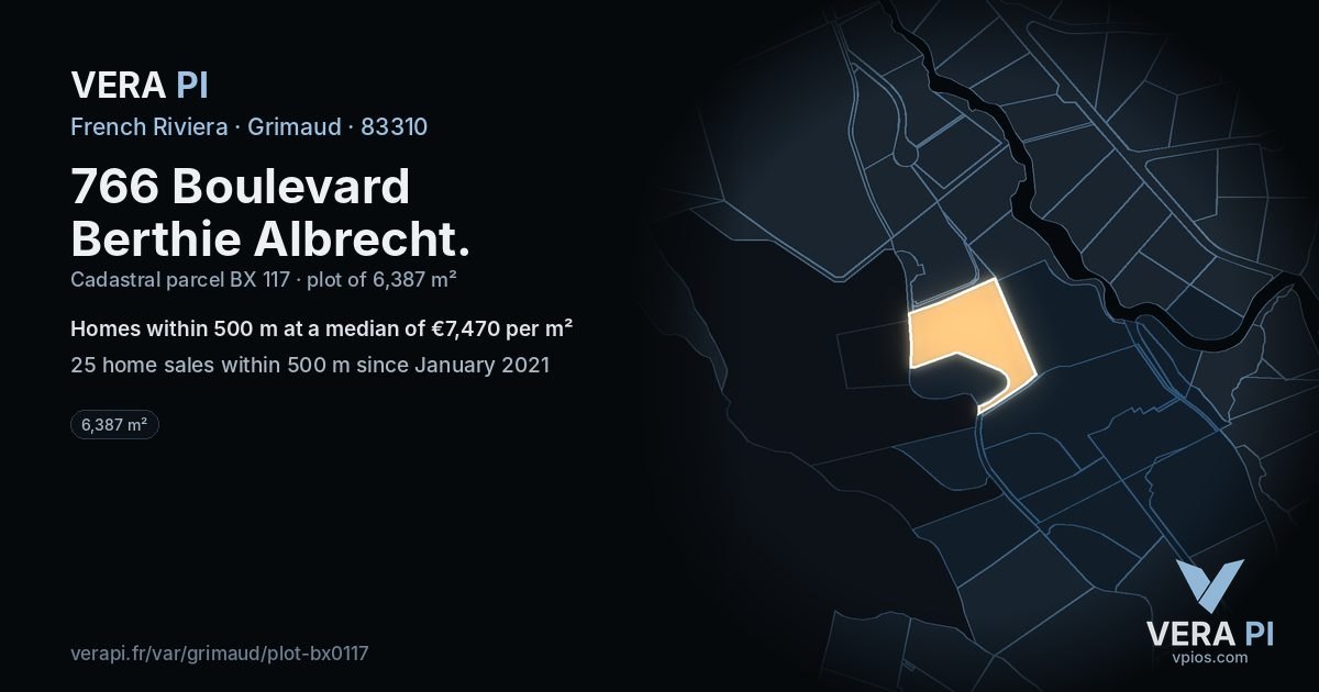 766 Boulevard Berthie Albrecht, Grimaud at night – the plot lit, the parcels around coloured by the prices near them