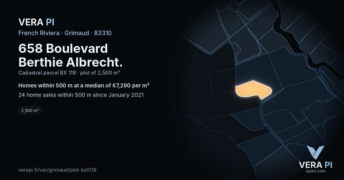 658 Boulevard Berthie Albrecht, Grimaud at night – the plot lit, the parcels around coloured by the prices near them