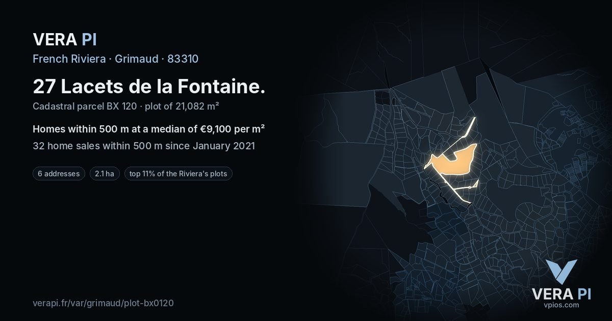 27 Lacets de la Fontaine, Grimaud at night – the plot lit, the parcels around coloured by the prices near them