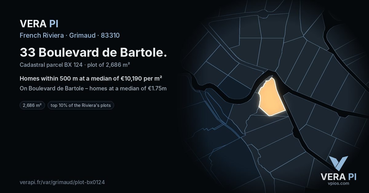 33 Boulevard de Bartole, Grimaud at night – the plot lit, the parcels around coloured by the prices near them