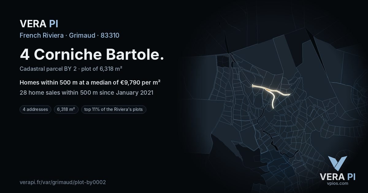 4 Corniche Bartole, Grimaud at night – the plot lit, the parcels around coloured by the prices near them